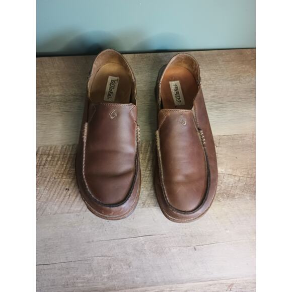 Olukai Mens Moloa Leather Slip On Shoes Loafers 11.5 Brown Island Vacation